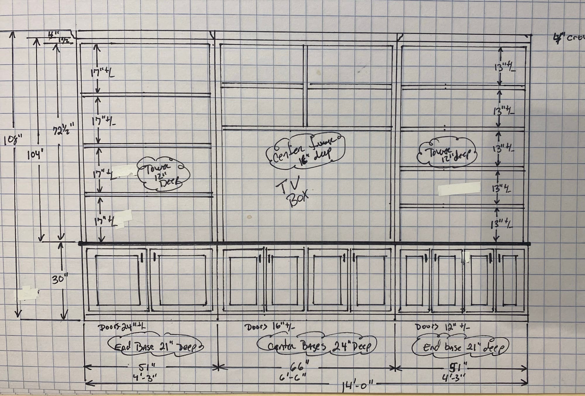 Hand-drawn cabinet elevation Jim uses to quote a built-in wall